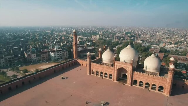Aerial Panoramic View of Majestic Badshahi Mosque Lahore Pakistan Mughal Era Architecture