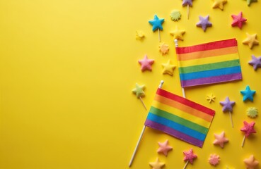 Rainbow LGBT pride flags, candy stars lay flat on bright yellow background. Colorful stars, flags create cheerful, inclusive visual concept for Pride Day. Flat lay style offers copy space for