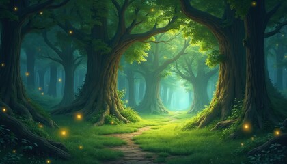 Obraz premium Enchanted forest path leads into mystical tunnel. Glowing fireflies dance on green grass. Large trees create magical atmosphere. Peaceful, serene environment. Ideal for fantasy theme design nature