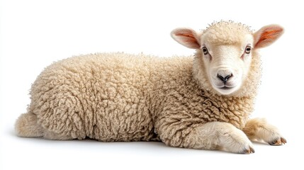 A cute, fluffy lamb resting on a white background.