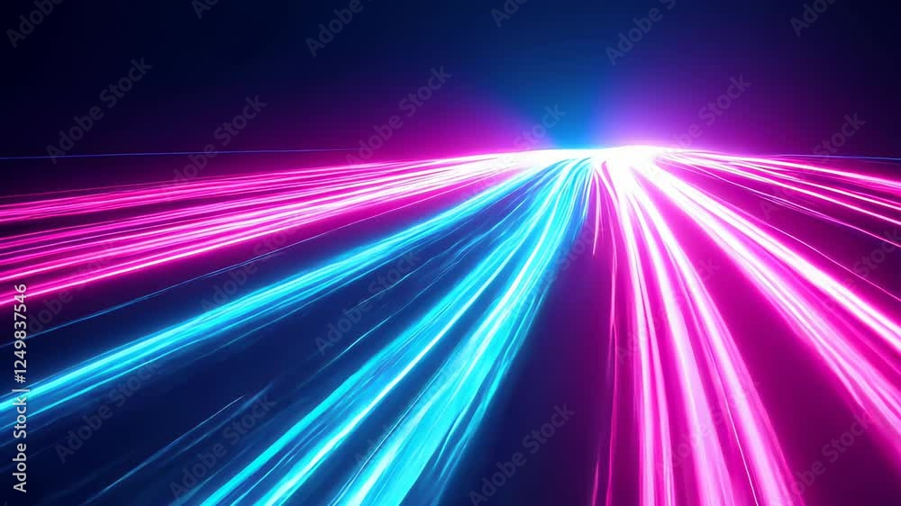 Poster vibrant neon light trails curving and flowing dynamically against dark background, creating mesmeriz