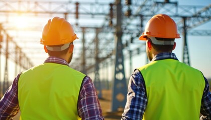 Two engineers in bright safety vests, hard hats inspect exposed electrical grid. Stand outdoors in front of high-voltage transmission equipment. Industrial power infrastructure, tech core themes.