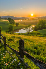 Sunrise Serenity: A Tranquil Morning Landscape with Rolling Hills, Dew-Kissed Flowers, and a Winding River Under a Golden Sun