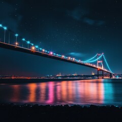 Fototapeta premium Night view of a vibrant bridge over water with colorful lights, stars, and city skyline. Possible use Travel brochure, tourism website