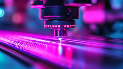 Focused laser beams cutting through a high-tech industrial setting, symbolizing precision, innovation, and advanced manufacturing processes with a bright modern tone and blank space for captions