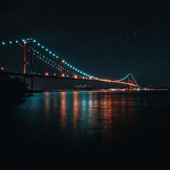 Night view of illuminated bridge over water with city lights reflecting, starry sky