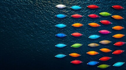 Aerial panorama of a sunlit regatta field, multicolored sails scattering across the sea, waves glittering like diamonds under cloudless skies
