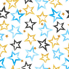 Fototapeta premium Seamless Stars pattern. Vector celebration background with blue and golden stars