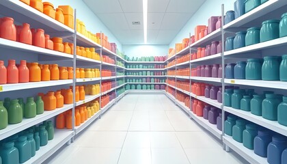 Colorful store interior various products on shelves. Empty shelves displayed in orderly way. Modern design of shop evident. Clean, bright space key feature. Pharmacy supermarket layout suggested by