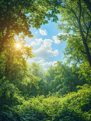 Fototapeta premium Sun shining through lush green forest canopy on a bright summer day.