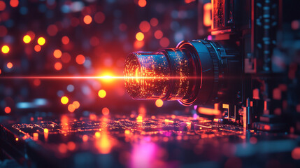 Focused laser beams cutting through a high-tech industrial setting, symbolizing precision, innovation, and advanced manufacturing processes with a bright modern tone and blank space for captions