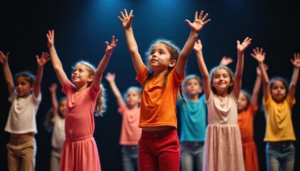 Young children in colorful costumes rehearse theatrical performance. Arms raised in air in joyful pose. Group focused on performance, embraces creative process. Learning, collaborating on stage in