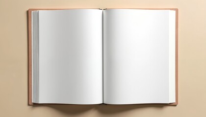 Open book with blank pages. Flat lay view on light beige background. Clean, minimalist design. Great for blank document templates mockup scenarios. Perfect for various uses like office, education,