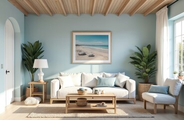 Serene living room with light blue walls. Coastal design with beach scene framed photo. Natural light. White sofa, wooden furniture. Relaxing atmosphere. Cozy corner with plants, wicker basket. Sandy