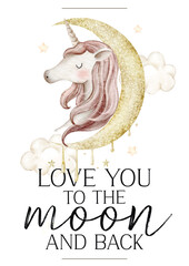 watercolor vector illustration nursery 
poster with text love you to the moon and back, watercolor animals mom and baby
