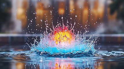 Fototapeta premium Colorful water splash creating vibrant ripples in a serene pool with blurred background