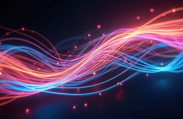 Obraz premium Abstract futuristic design shows colourful glowing optic fiber cables. Dynamic lines, waves create pattern of data flow. Bright colors, glowing effects suggest advanced technology, communication.