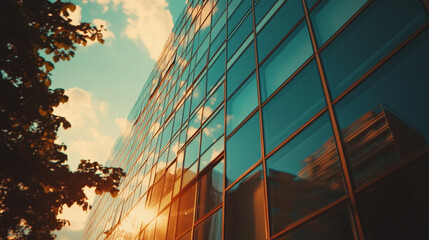 A reflective glass panel of a sleek office building, symbolizing modernity, clarity, and transparency. The minimalist design contrasts against the bright sky, evoking openness and future-focused innov