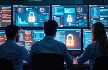 Tech staff monitors multiple screens in server room. Data protection, network security priorities. Employees focus on computer screens showing lock symbols, data. Team works diligently in dark server