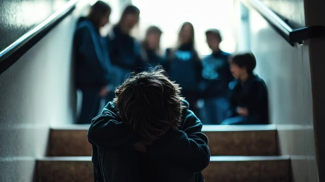 Lonely student experiencing intense emotional distress, sitting isolated on school stairs, facing bullying and social rejection
