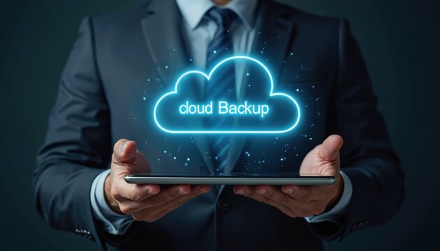 Businessman holds tablet displaying cloud backup hologram. Modern tech concept. Data storage solution. Cloud computing illustration. Digital solution. Reliable backup. Secure data. Businessman shows