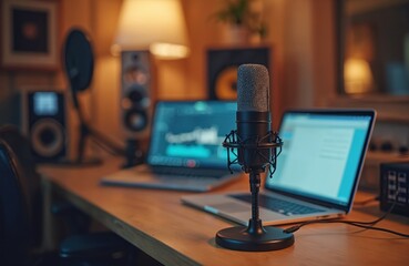 Home studio setup for podcasting educational program. Microphone, laptop ready for recording session. Pro audio equipment, recording environment for online lessons interviews. Suitable for