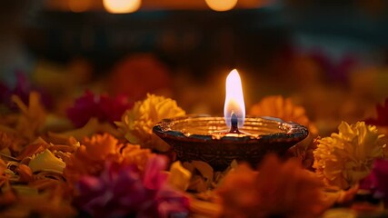 Burning diya oil lamp nestled on colorful flower petals, radiating warm glow symbolizing festive hindu spiritual tradition during diwali celebration