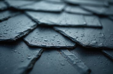 Close-up view of wet dark grey slate shingles. Water droplets rest on textured surface. Roofing material displays layered geometric pattern. Modern design elements apparent. Natural stone material
