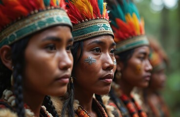 Indigenous women in Amazon rainforest. Tribal adornment. Traditional attire. Close-up portrait. Cultural heritage. Native people of South America. Proud expressions. Traditional tribal face paint.