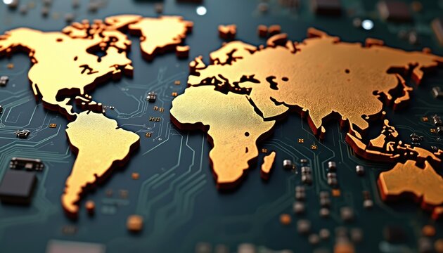 Global tech conflict. World map on circuit board. Geopolitical tech conflict. Semiconductor supply chain exposed. Integrated circuits. Global map. Modern tech. Global conflicts. International