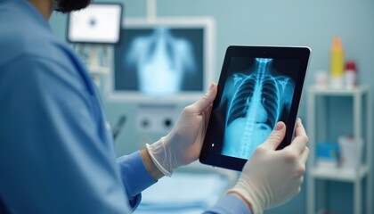 Medical professional reviews lung scan on tablet in hospital. Person examines x-ray image on digital tech. Healthcare specialist studies patient data. Modern med tech enhances diagnosis process.