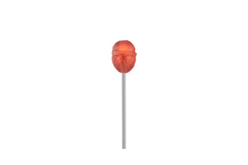 A single round orange lollipop on a white stick against a white background.