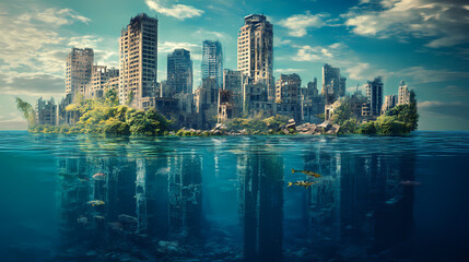 Naklejka premium A postapocalyptic scene of a submerged city where nature reclaims the ruins. Nature Reclaiming Cities. Illustration