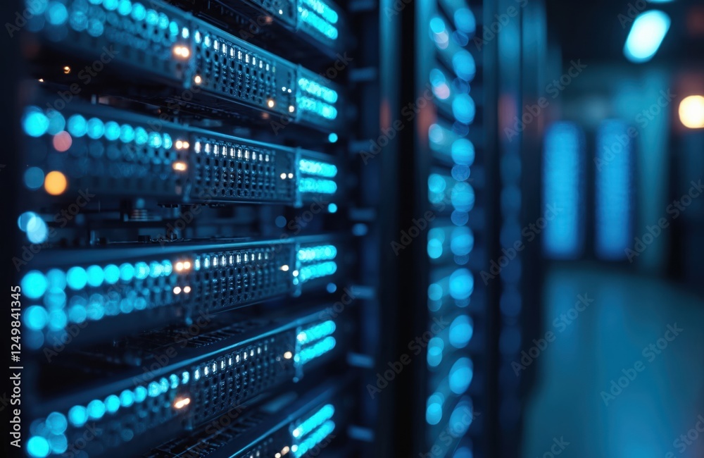 Poster rack of servers in data center. blinking blue leds symbolize data transfer. secure environment. high
