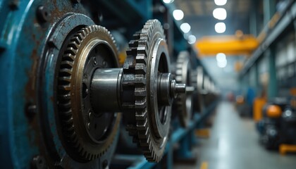 Close-up view of intricate gears in heavy machinery at work in steel manufacturing facility. Industrial tech equipment robust, precise. Advanced engineering design visible. Metal components work
