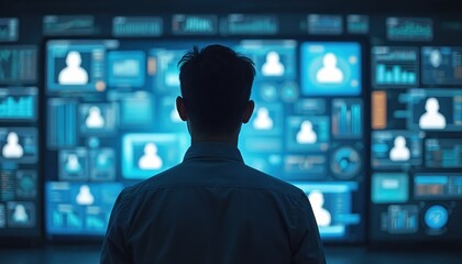 Man looks at HR tech dashboard. Many screens display employee data. Manager examines employee info. Modern workplace uses tech to monitor. Data analysis, workflow management. HR system modern,