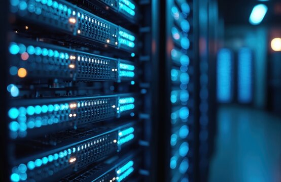 Rack of servers in data center. Blinking blue LEDs symbolize data transfer. Secure environment. High tech business operations in progress. Powerful computing infrastructure. Modern tech. Large scale