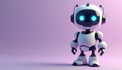 Friendly cartoon robot stands on light purple background. Cute, playful design. Modern illustration. Robot designed for children. Fun, cheerful character. Mascot style. Robot futuristic, creative.