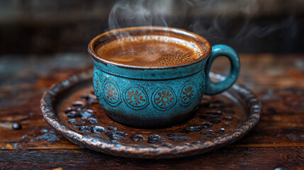 Freshly made coffee in a traditional Turkish coffee brewing pot, modern bright tone with a blurred background and empty space for caption, symbolizing warmth, culture, and tradition