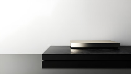 Minimalist metal platform on polished surface with neutral background