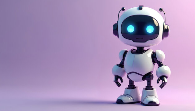 Friendly cartoon robot stands on light purple background. Cute, playful design. Modern illustration. Robot designed for children. Fun, cheerful character. Mascot style. Robot futuristic, creative.