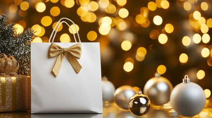Blank gift bag with elegant hand-tied bow, nestled between gifts wrapped in textured paper, pine needles, and sparkling holiday baubles, festive vibes
