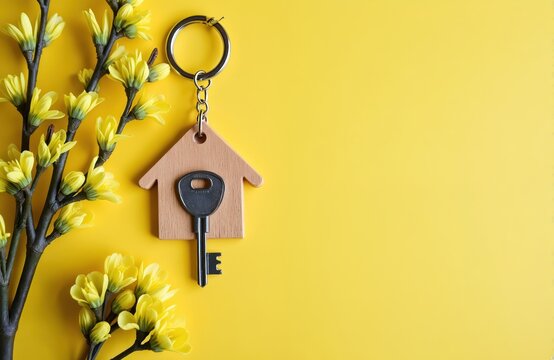 Wooden house-shaped keychain with key on yellow background, spring mimosa flowers. Springtime theme for new home real estate business. Ideal for property purchase announcements new home opening.