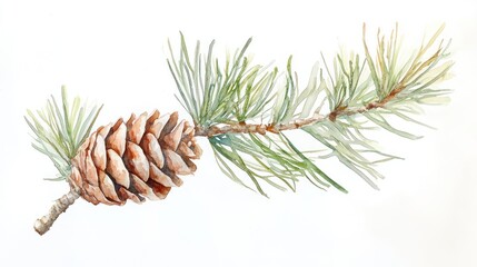 Watercolor pine branch with cone, nature, white background, holiday design