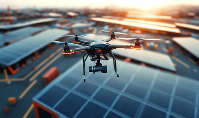 Drone ascending from a solar-powered shipping hub, representing green technology and future transport solutions