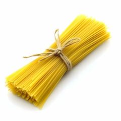 Dried spaghetti bundle tied with twine on white. Food recipe website use