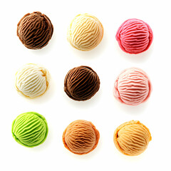 Nine colorful ice cream scoops on white. Food photography for menu or ads