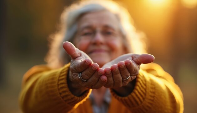 Elderly woman stretches arms wide with open hands. Senior person wearing yellow sweater enjoys moment outdoors. Appears happy, receptive. Golden light suggests pleasant autumn day. Possible scenarios