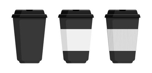 Set of black and white takeaway cups with lids and sleeves. Disposable cups for hot drinks like coffee. Beverage packaging concept. Flat illustration isolated on white background with copy space	
