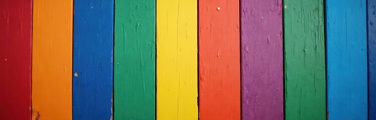 Obraz premium Colorful wooden planks form vibrant rainbow background. Pride colors create happy, joyful atmosphere for celebration. Equality, diversity concepts symbolic. Wooden wall texture gives visual interest.